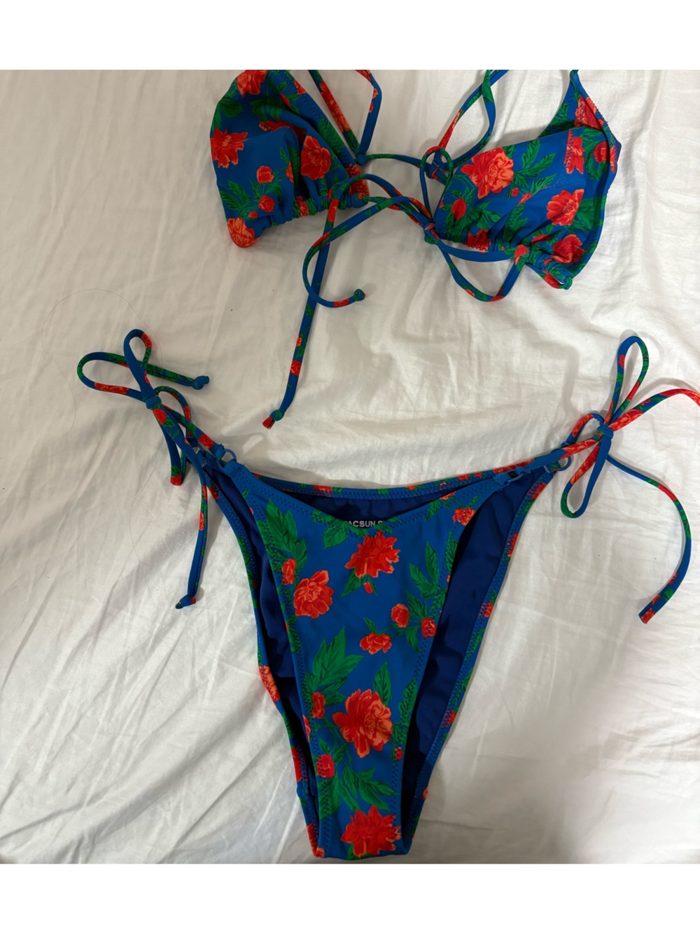 PacSun Blue Floral Bikini Set with Red Roses